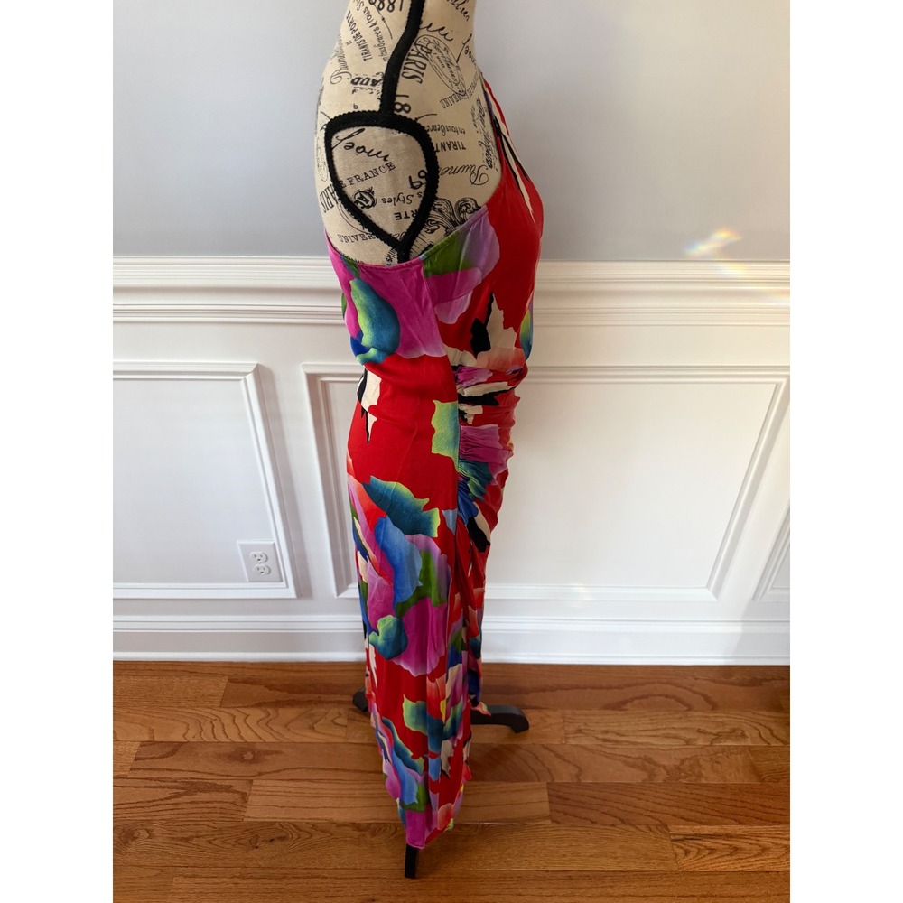 Farm Rio One Shoulder Dress Anthropologie Abstract Floral Midi Slit Size Small - Picture 10 of 14
